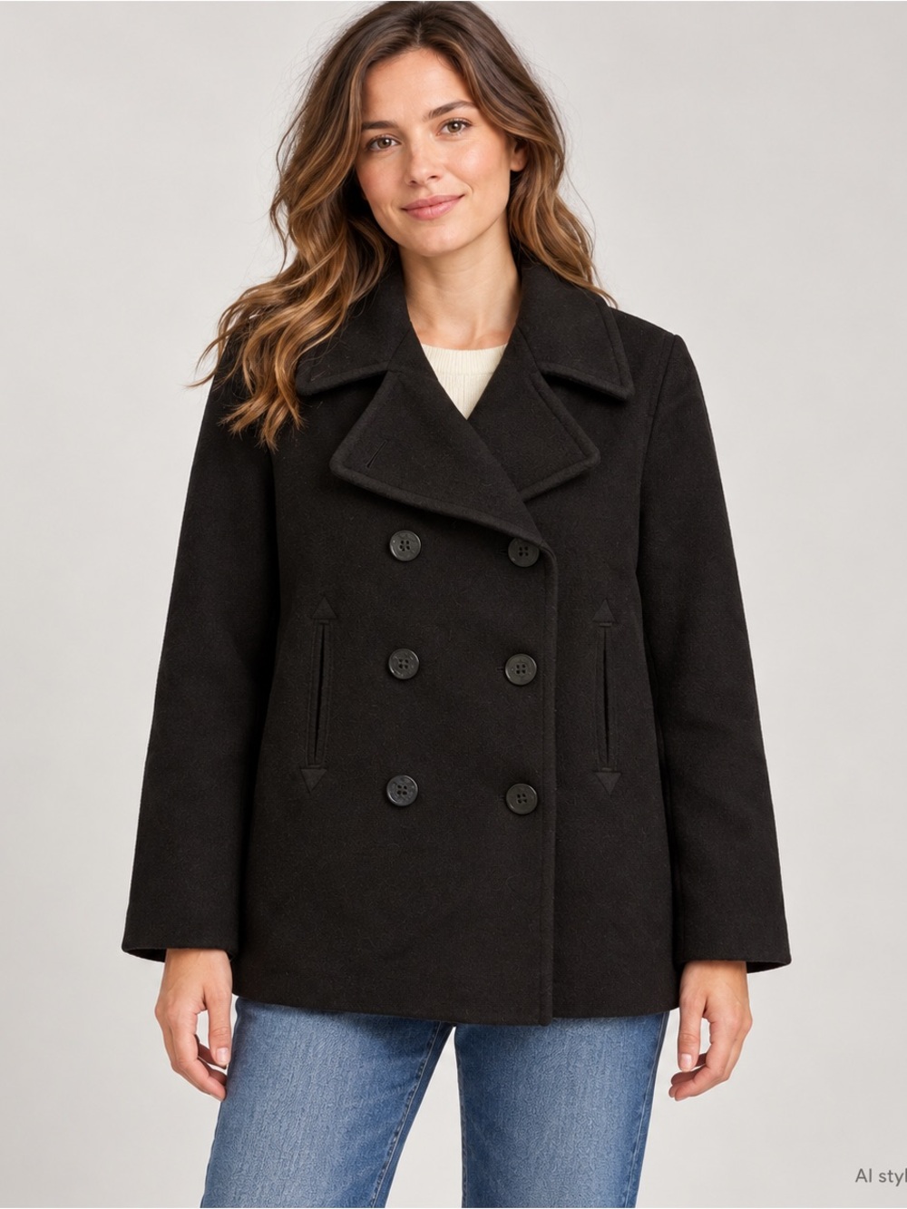 J. Percy Black 100% Merino Wool Double Breasted Peacoat Made in USA Size 4